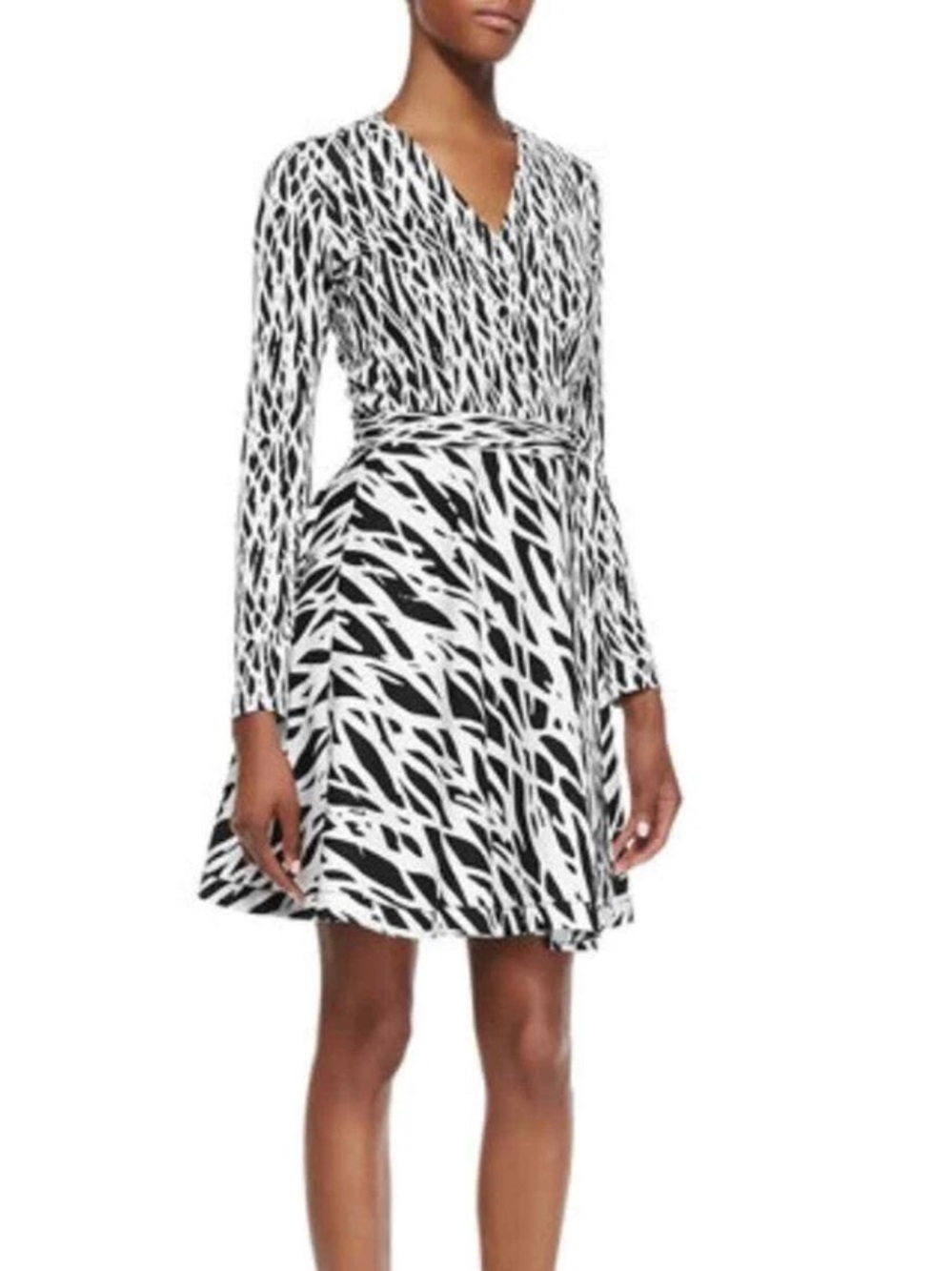 Diane Von Furstenberg Black & White Amelia Long-Sleeve Wrap Dress Sz 2
